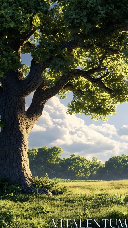 Sunlit oak tree casts serene shade over quiet meadow.