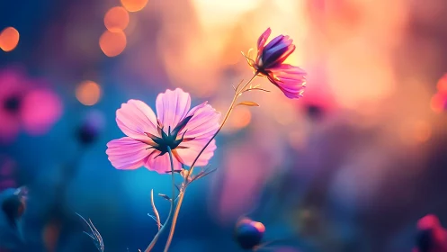 Pink and Purple Cosmos Flowers Against Blurred Bokeh Background