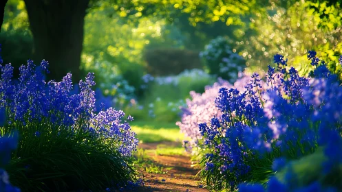 Garden pathway lined with blooming lavender and flowering shrubs.