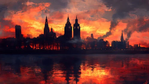 Industrial city skyline in intense red sunset glow.