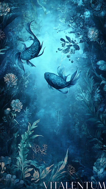 Two koi fish in deep blue underwater floral scene.