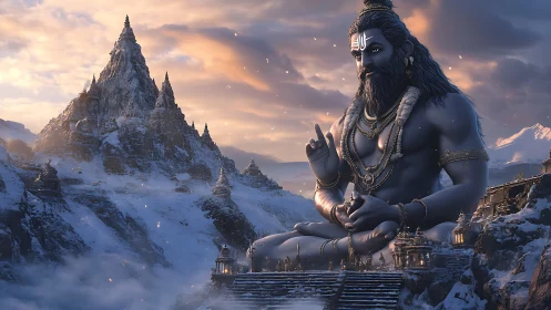 Colossal Himalayan Shiva statue amid snowbound mountain temples