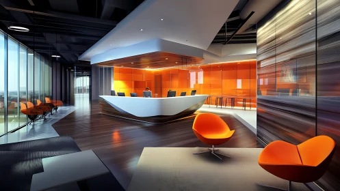 Modern office interior with curved reception desk and orange accent furniture.