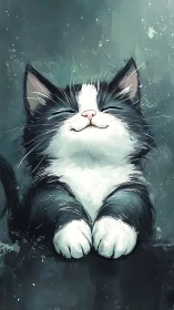 Black and white cat portrait with expressive eyes against teal textured background.