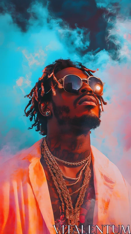 Vibrant street portrait under neon smoke sky glow.