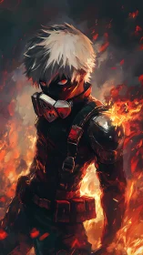 Masked figure stands in burning environment with tactical gear