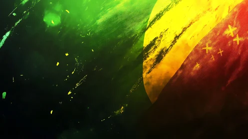 Digital painting of grunge tri-color arc with textured light fields.