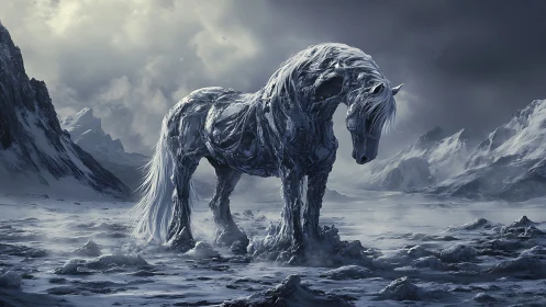 Ice covered horse stands alone in frozen mountain valley