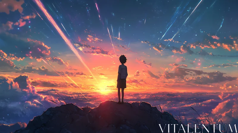 Silhouette on rocky peak viewing sunset sky with meteors.