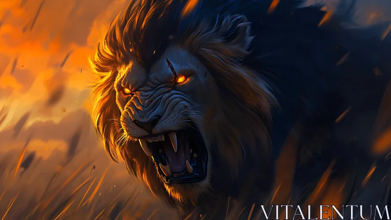 Fiery-eyed lion roaring boldly through glowing twilight.