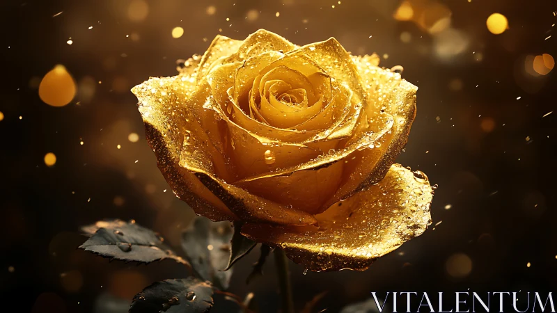 Golden yellow rose with water droplets in dark bokeh light.