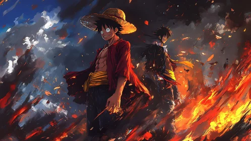 Straw hat warrior strides through blazing battlefield sky.