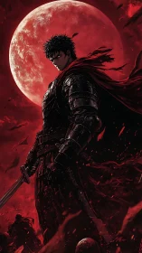 Blood-red moon crowns a lone armored swordsman in ruin.