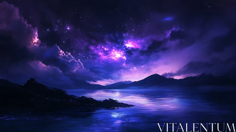 Starlit violet sky drifts softly above a tranquil moonlit sea
