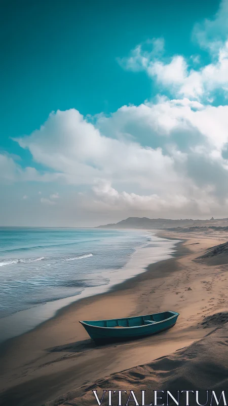 Solitary teal rowboat on empty sandy shoreline under clouds.