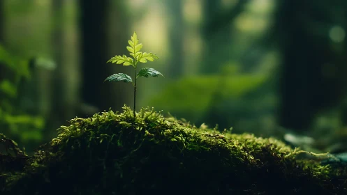 Young sapling emerging from moss in lush forest, nature photography.