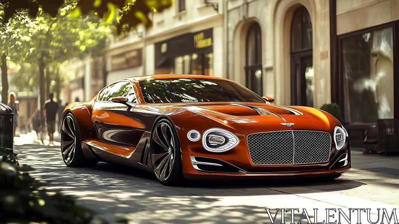 Orange luxury sports coupe parked on bright city street