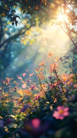 Backlit wildflowers under trees in soft morning sunlight.