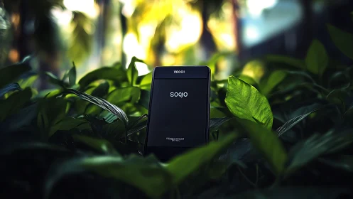 Smartphone quietly resting among lush green leaves.