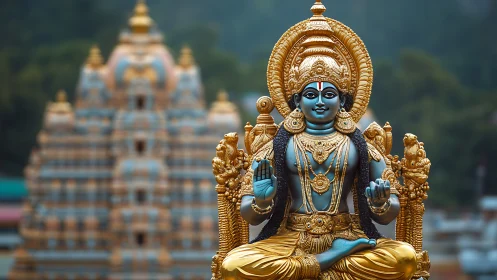 Blue Hindu deity statue sits before ornate temple gopuram