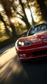 Red sports car cuts through sunlit forest road at speed.