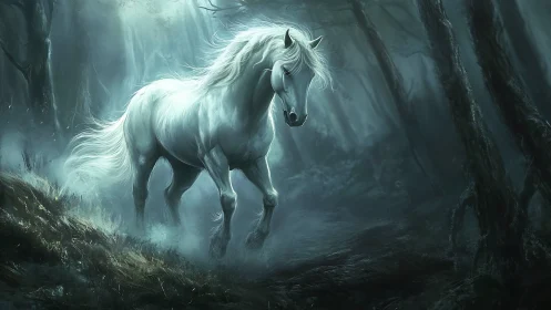 White horse moving through misty dark forest at night.