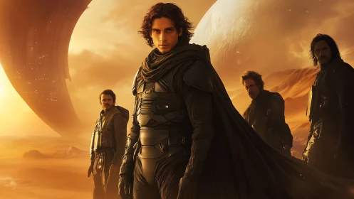 Desert-born warriors stride beneath twin colossal planets.