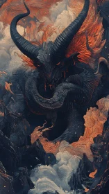 Horned lava demon emerging from smoke and rock.