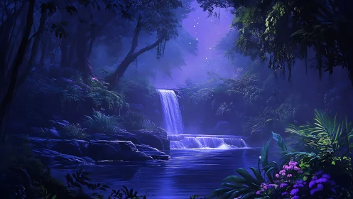 Moonlit jungle waterfall dreaming in deep indigo hush.