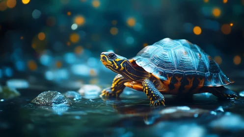 Glowing river turtle pauses under dreamy bokeh lights at dusk