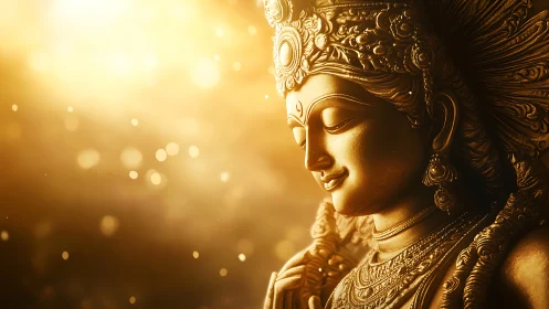Golden Hindu goddess sculpture in radiant warm light.
