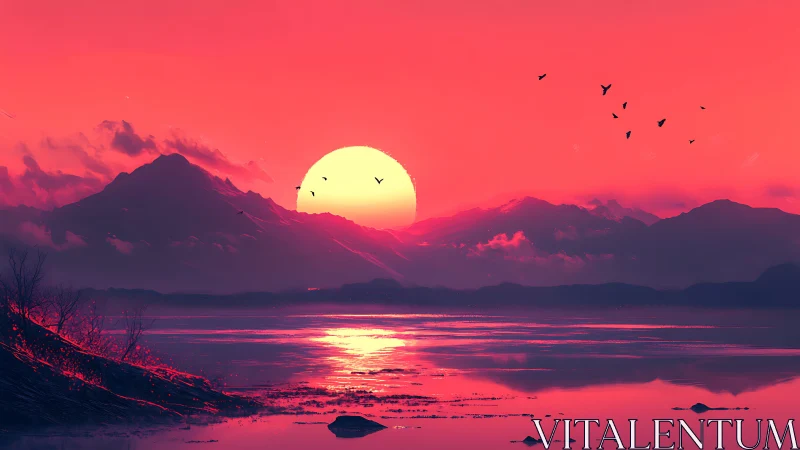 Vivid red digital sunset over distant mountain range.
