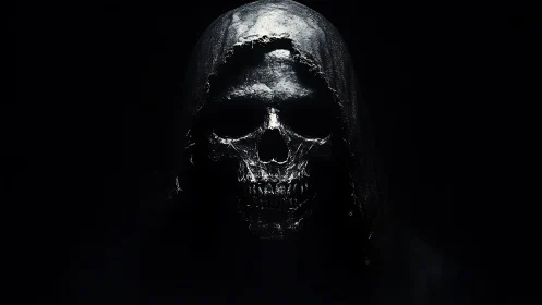 Hooded metallic skull portrait in deep chiaroscuro lighting.
