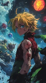 Battle-scarred anime hero stands in fractured cosmic sky.