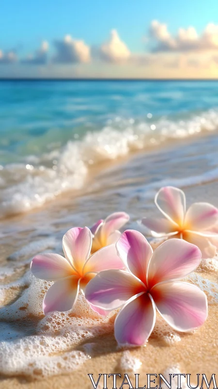 Pink plumeria flowers rest on beach sand with ocean waves