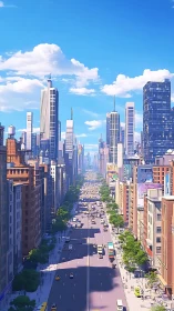 Wide city avenue extends between tall modern skyscrapers