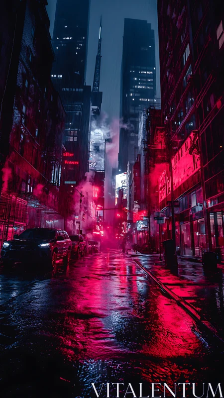 Nocturnal neon canyon with rain-slicked reflective asphalt surface.