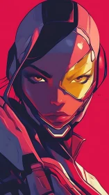 Cybernetic warrior portrait glows under neon magenta light.