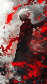 Crimson stormwalker with white hair carved from chaos.