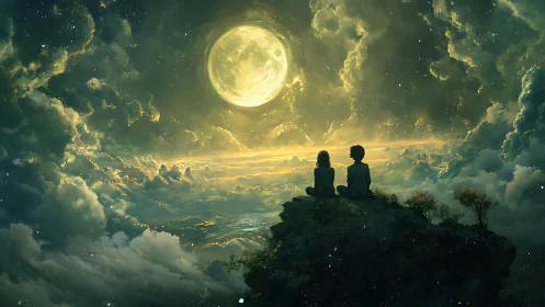 Moonlit cloud kingdom with two quiet dreamwatchers gazing.