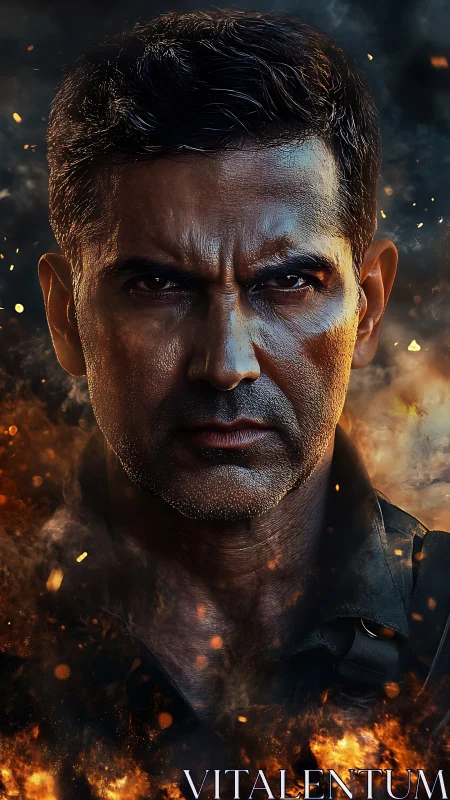 Intense male portrait surrounded by rising flames and smoke.