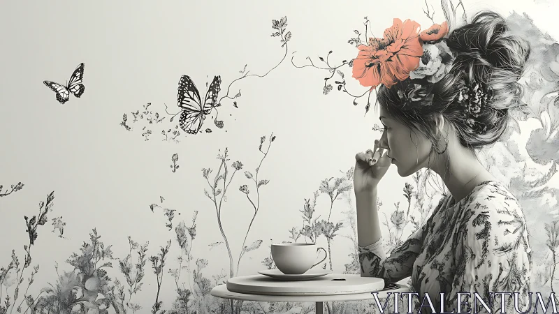 Woman sits in profile beside cup with monochrome flora