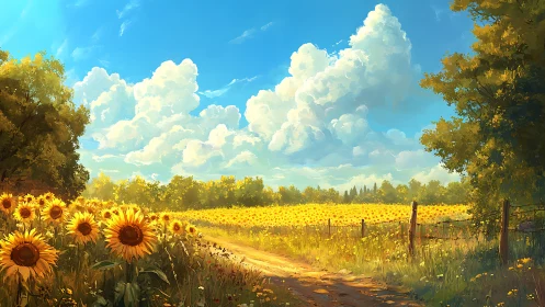 Golden sunflowers brighten a peaceful country path