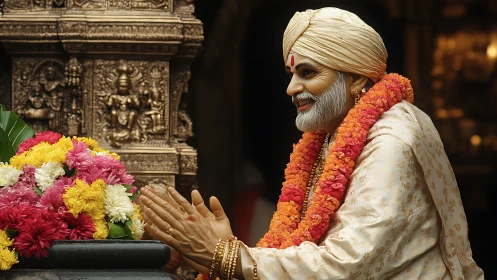 Statue of Hindu saint in prayer before floral offering