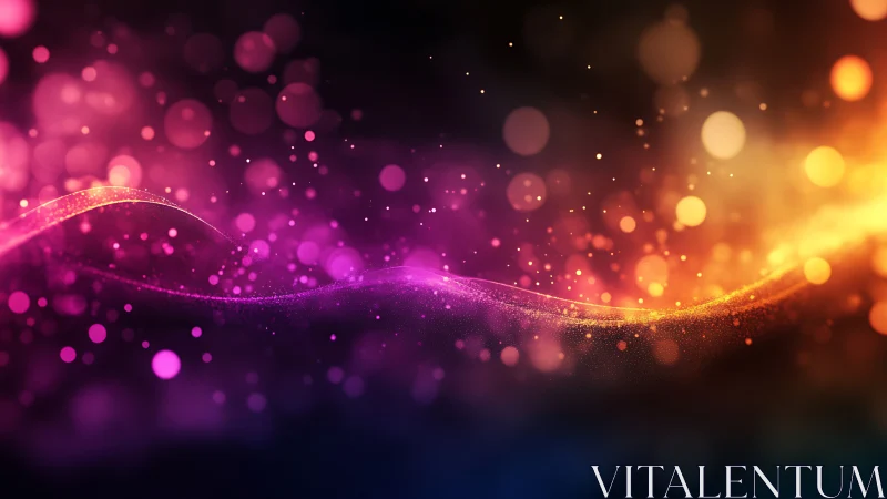 Colored light wave with particle bokeh on dark background.