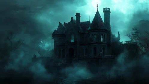 Gothic manor silhouette in teal mist with spectral accents.