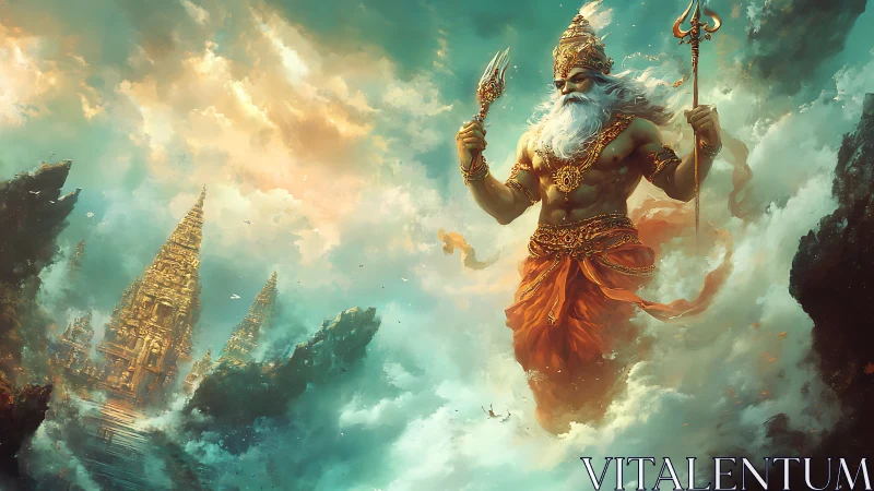 Storm-lord strides through clouds above the golden temple sea