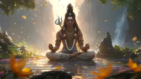Divine yogi in luminous forest pool, meditative pose centered.