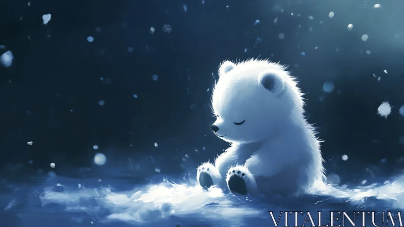 Snowflake whispers cradle a dreaming baby polar bear