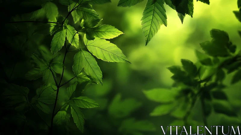 Sunlit forest leaves drifting in a soft emerald hush.